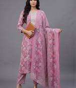 women ethnic motifs printed regular thread work cotton kurta with trousers & with dupatta