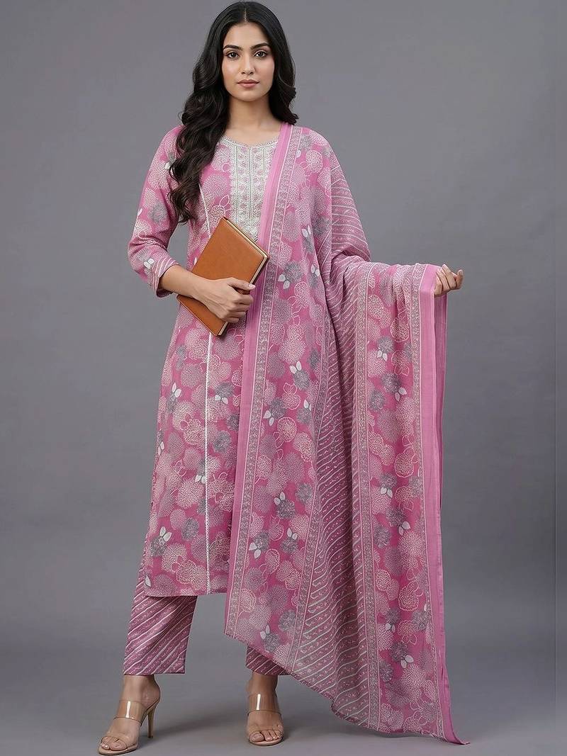 women ethnic motifs printed regular thread work cotton kurta with trousers & with dupatta