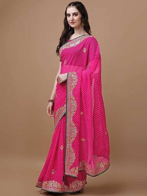 Pink pink geometric printed embroidered bandhani saree 2