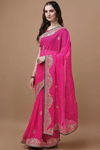 Pink pink geometric printed embroidered bandhani saree