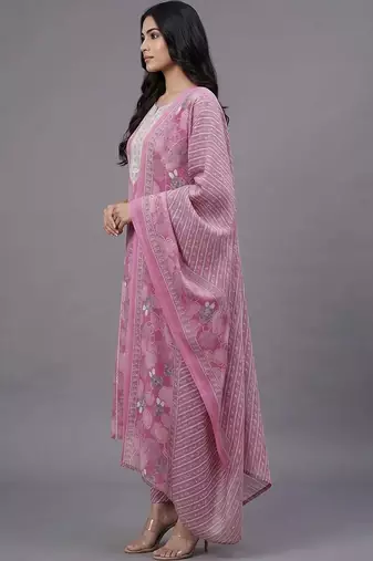 women ethnic motifs printed regular thread work cotton kurta with trousers & with dupatta