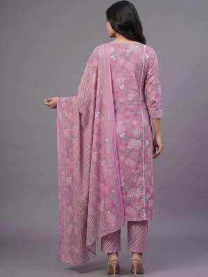 women ethnic motifs printed regular thread work cotton kurta with trousers & with dupatta 3