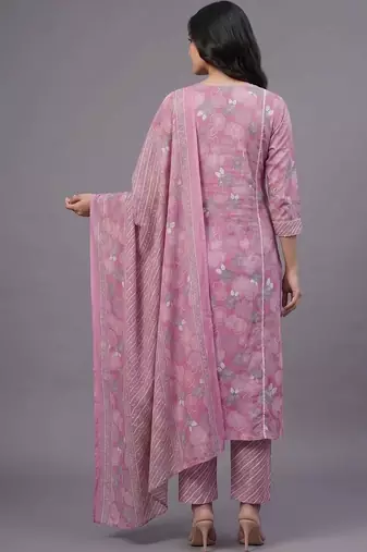 women ethnic motifs printed regular thread work cotton kurta with trousers & with dupatta