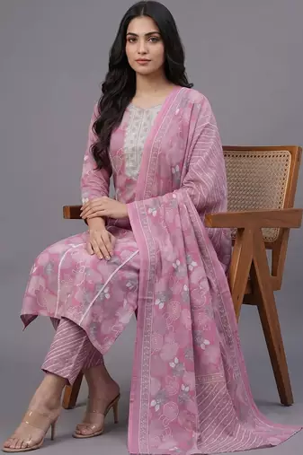 women ethnic motifs printed regular thread work cotton kurta with trousers & with dupatta