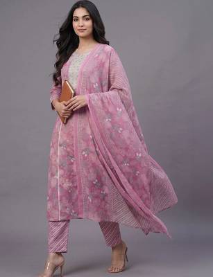 women ethnic motifs printed regular thread work cotton kurta with trousers & with dupatta 5