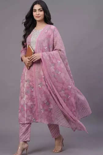 women ethnic motifs printed regular thread work cotton kurta with trousers & with dupatta