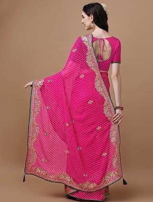 Pink pink geometric printed embroidered bandhani saree 3
