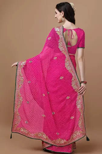 Pink pink geometric printed embroidered bandhani saree