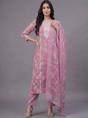 women ethnic motifs printed regular thread work cotton kurta with trousers & with dupatta 6