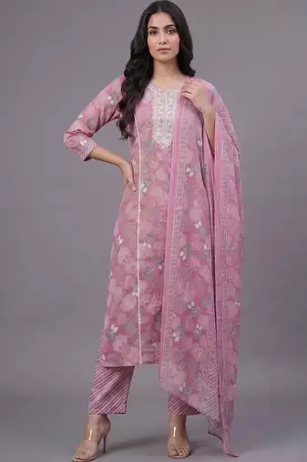 women ethnic motifs printed regular thread work cotton kurta with trousers & with dupatta