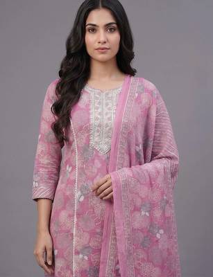 women ethnic motifs printed regular thread work cotton kurta with trousers & with dupatta 7