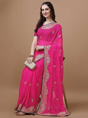 Pink pink geometric printed embroidered bandhani saree 4