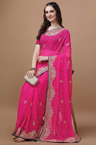 Pink pink geometric printed embroidered bandhani saree
