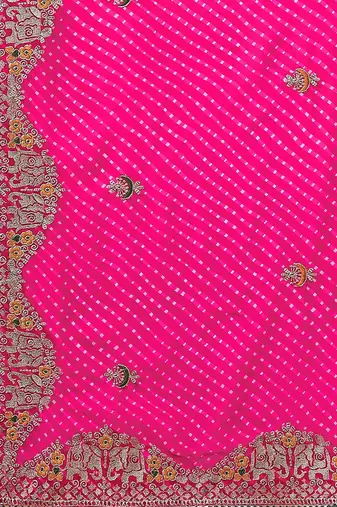 Pink pink geometric printed embroidered bandhani saree