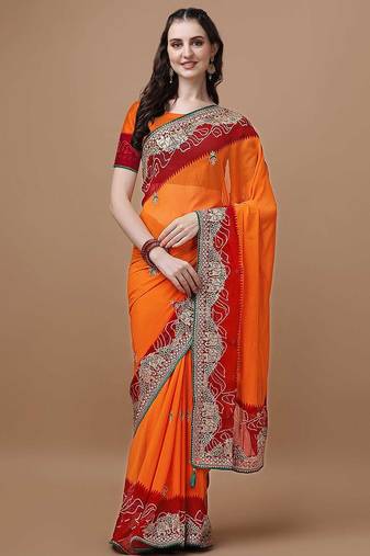 Orange orange ethnic motifs embroidered bandhani saree