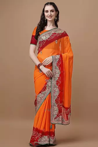 Orange orange ethnic motifs embroidered bandhani saree