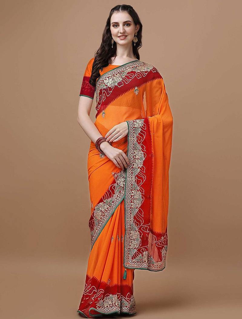 Orange orange ethnic motifs embroidered bandhani saree