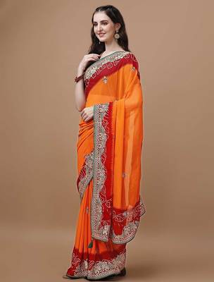 Orange orange ethnic motifs embroidered bandhani saree 2