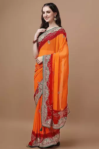 Orange orange ethnic motifs embroidered bandhani saree