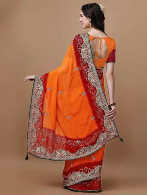 Orange orange ethnic motifs embroidered bandhani saree 3