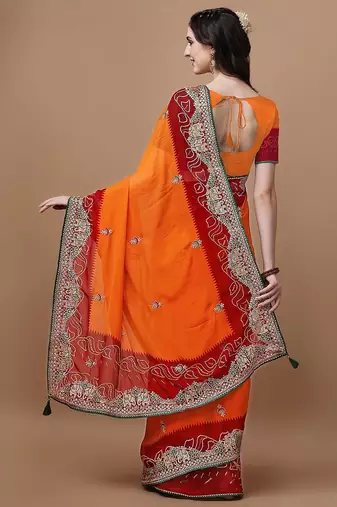 Orange orange ethnic motifs embroidered bandhani saree
