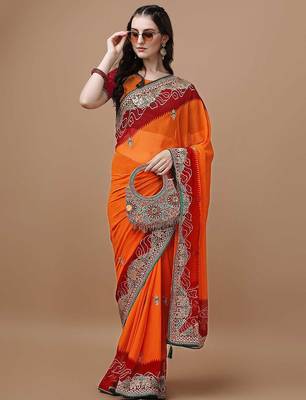 Orange orange ethnic motifs embroidered bandhani saree 4