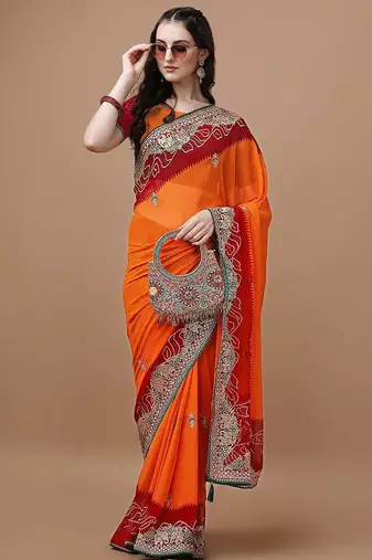 Orange orange ethnic motifs embroidered bandhani saree