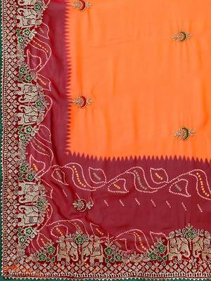 Orange orange ethnic motifs embroidered bandhani saree 5