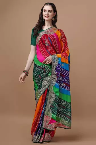 Pink pink & green bandhani printed saree