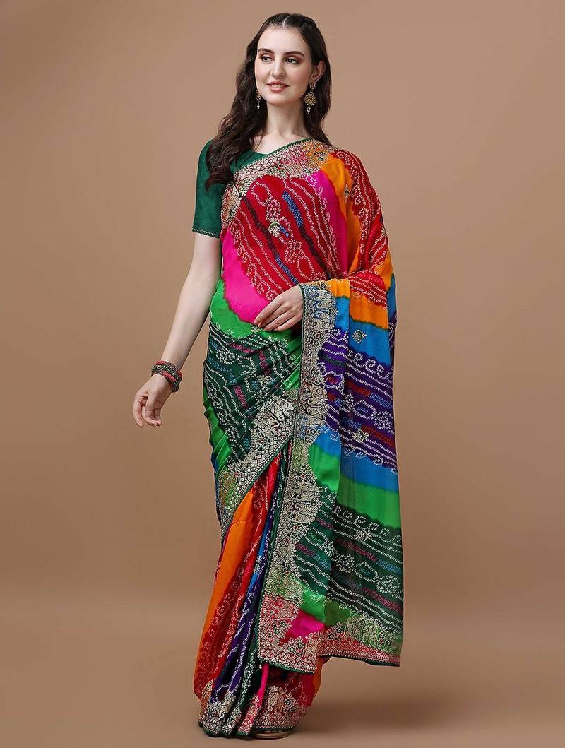 Pink pink & green bandhani printed saree