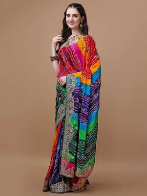 Pink pink & green bandhani printed saree 2