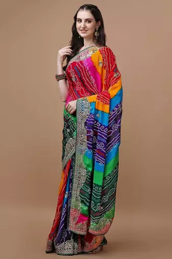 Pink pink & green bandhani printed saree