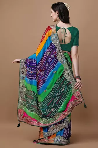 Pink pink & green bandhani printed saree