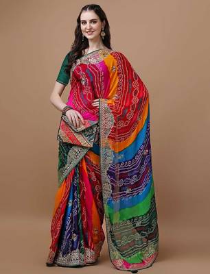 Pink pink & green bandhani printed saree 4