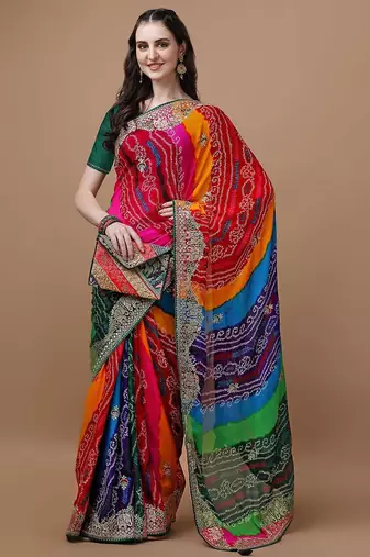Pink pink & green bandhani printed saree