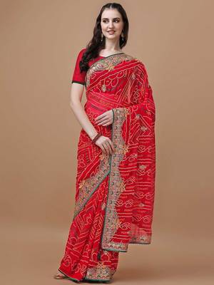 Red red bandhani printed embroidered bandhani saree 1