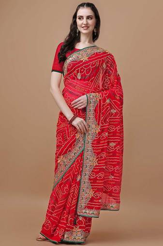 Red red bandhani printed embroidered bandhani saree