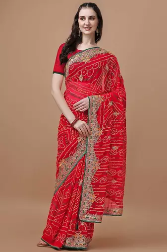 Red red bandhani printed embroidered bandhani saree