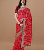 Red red bandhani printed embroidered bandhani saree