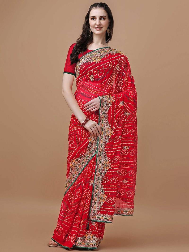 Red red bandhani printed embroidered bandhani saree