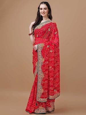 Red red bandhani printed embroidered bandhani saree 2