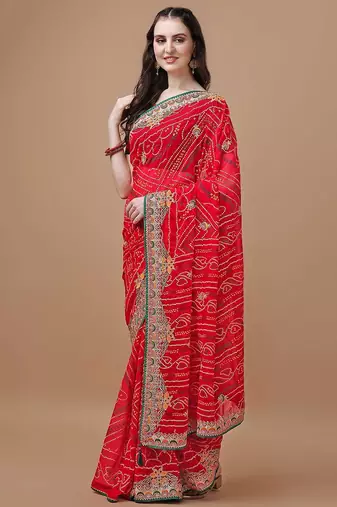 Red red bandhani printed embroidered bandhani saree