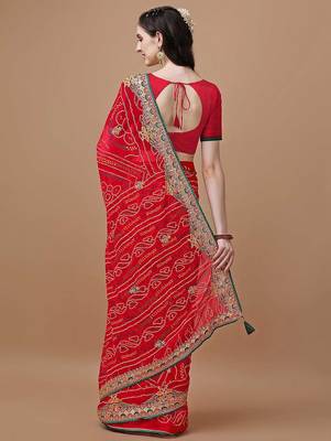 Red red bandhani printed embroidered bandhani saree 3