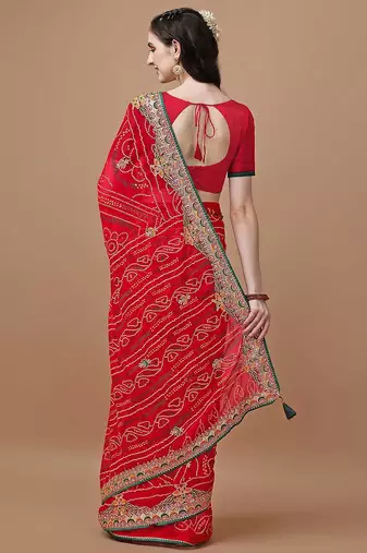 Red red bandhani printed embroidered bandhani saree