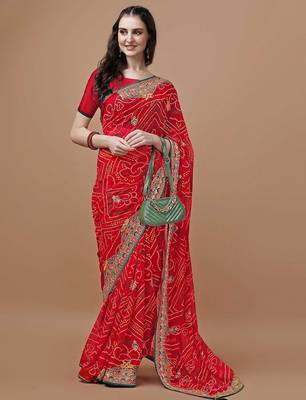 Red red bandhani printed embroidered bandhani saree 4