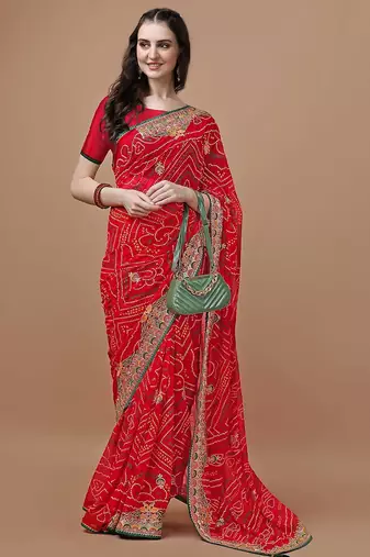 Red red bandhani printed embroidered bandhani saree