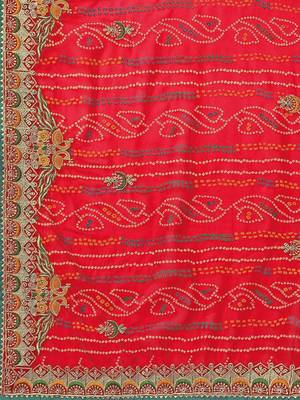 Red red bandhani printed embroidered bandhani saree 5
