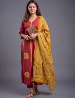 women ethnic motifs printed regular cotton kurta with trousers & with dupatta 1