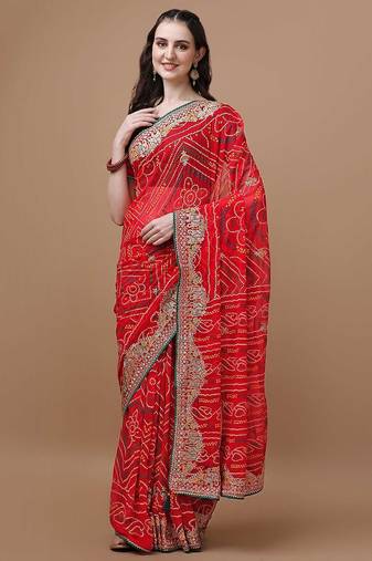 Red red bandhani printed embroidered bandhani saree