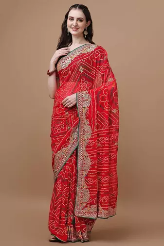 Red red bandhani printed embroidered bandhani saree